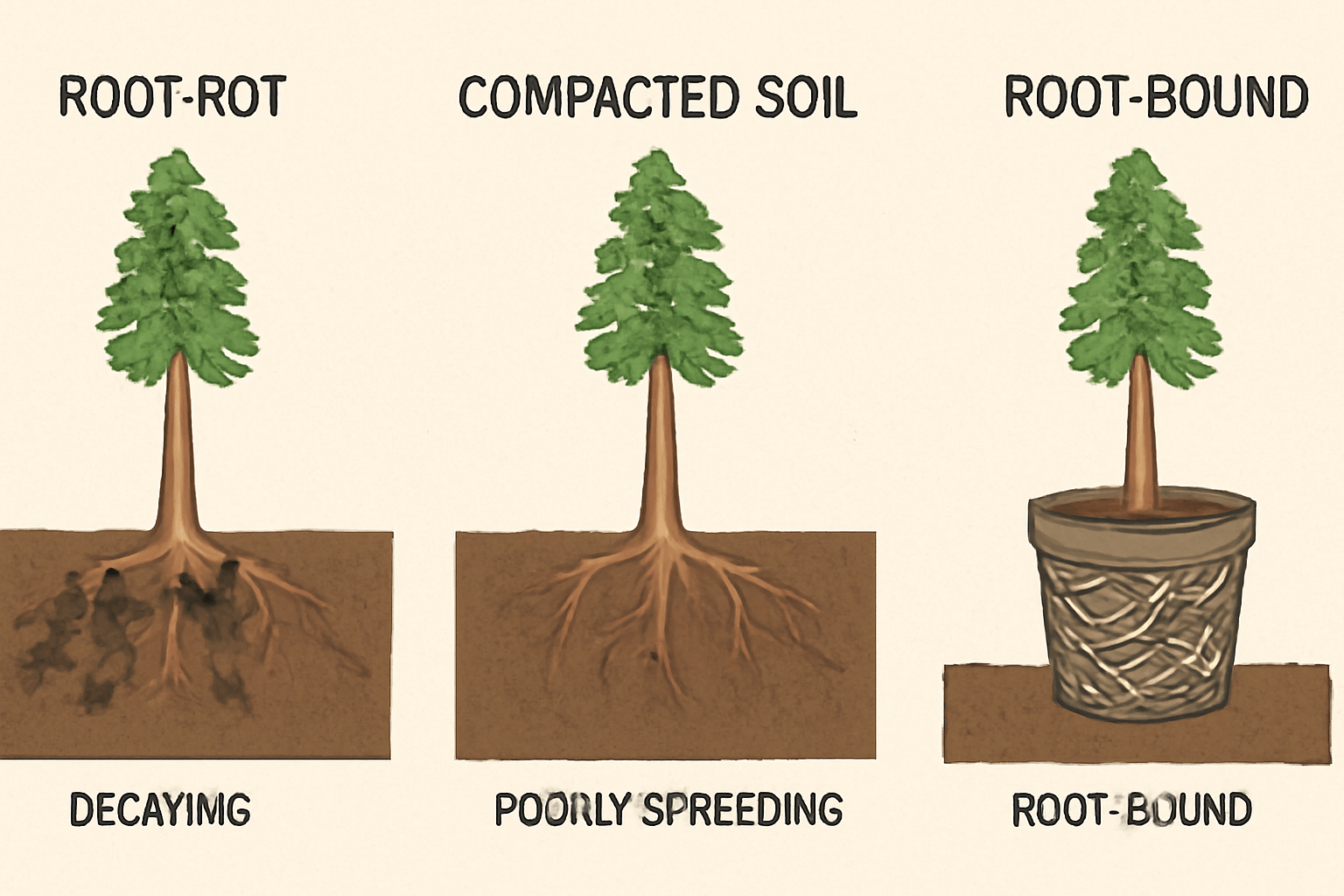 Illustration of three trees showing root issues. Left: root-rot with decaying roots. Center: compacted soil with poorly spreading roots. Right: root-bound in a pot.