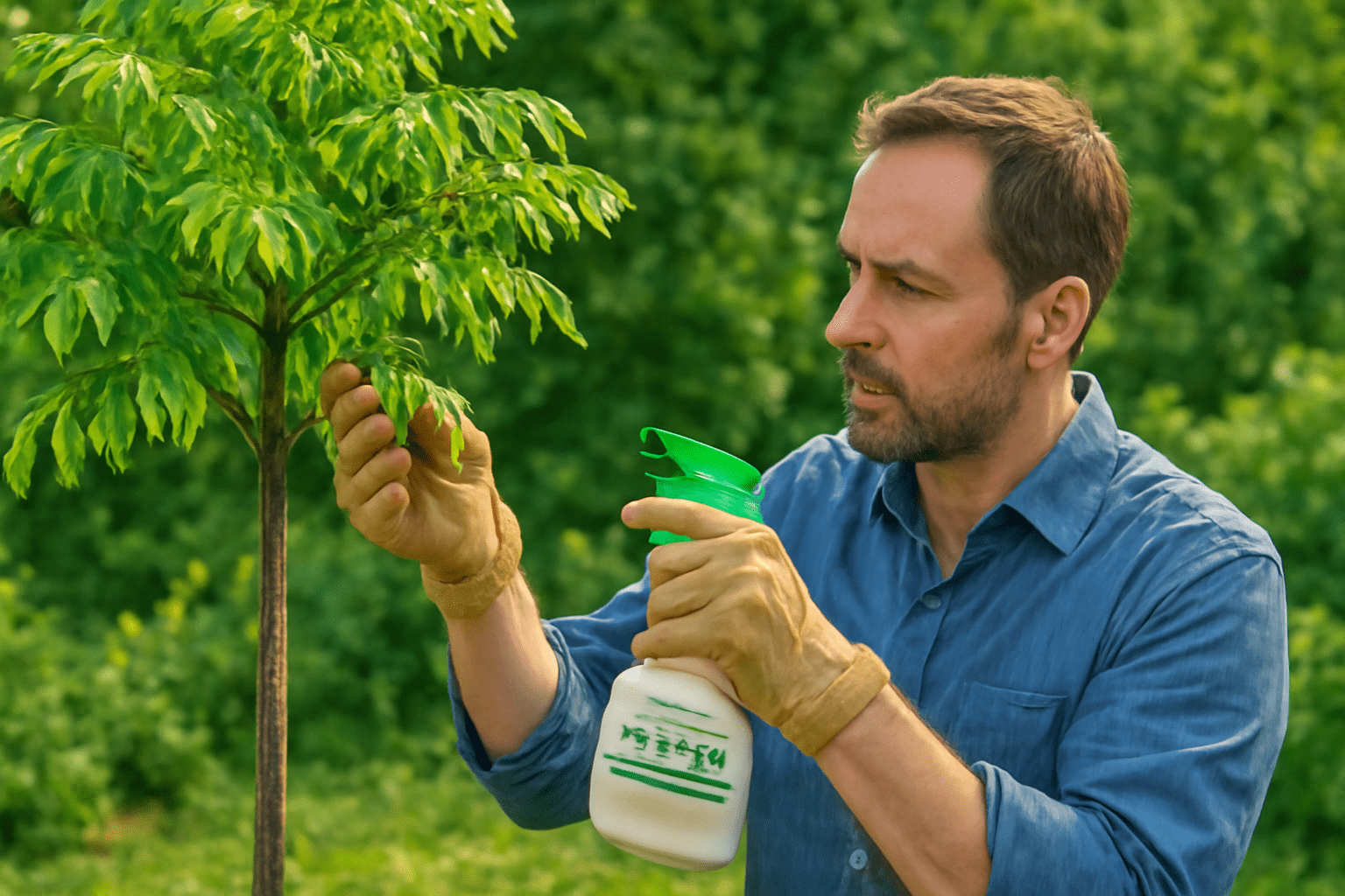 Gardener spraying an organic insecticide on a Bonita Ash tree to protect it from pests, showing healthy leaves and a green garden.