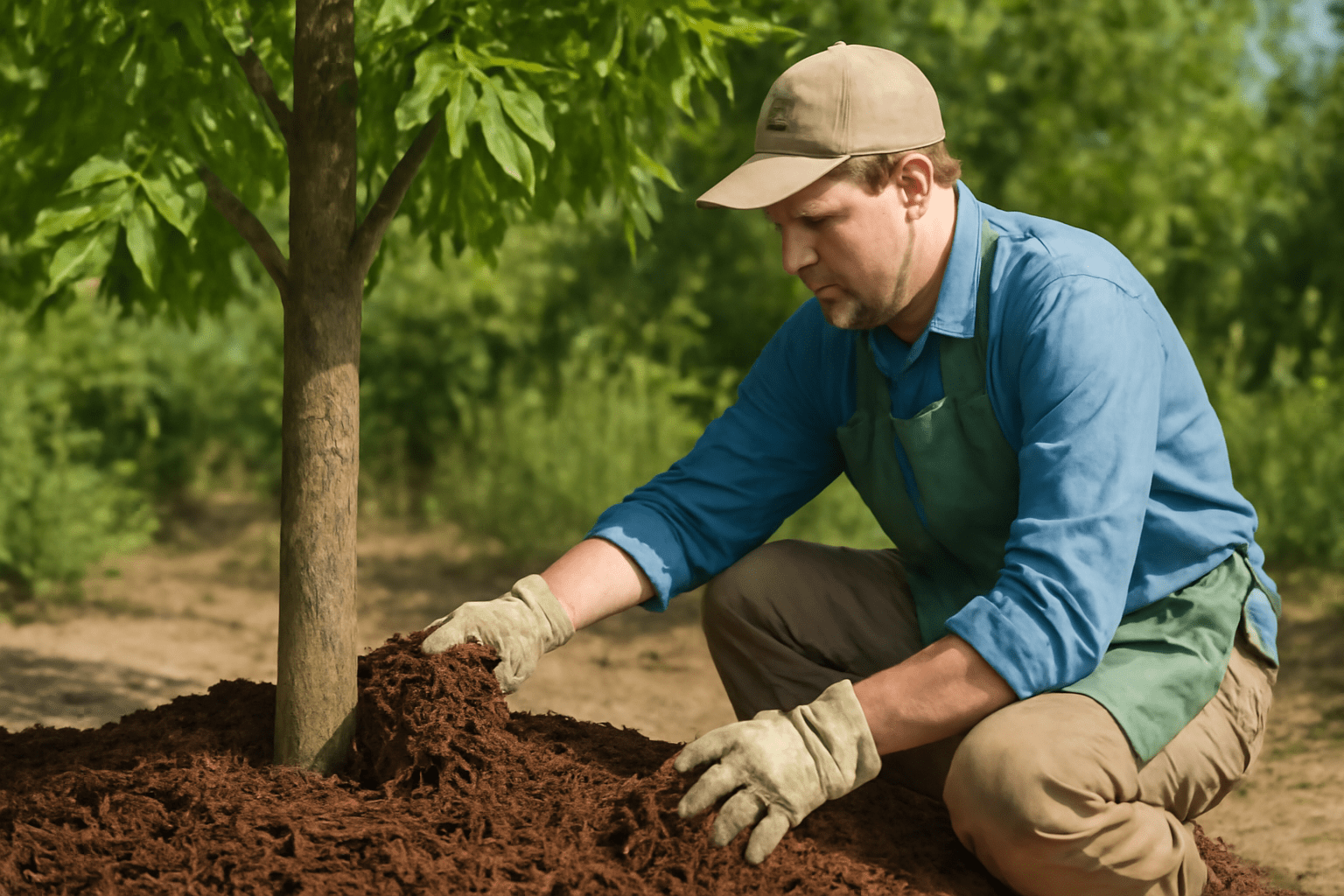 Gardener pruning and mulching a Fan Tex Ash Tree to maintain healthy growth.