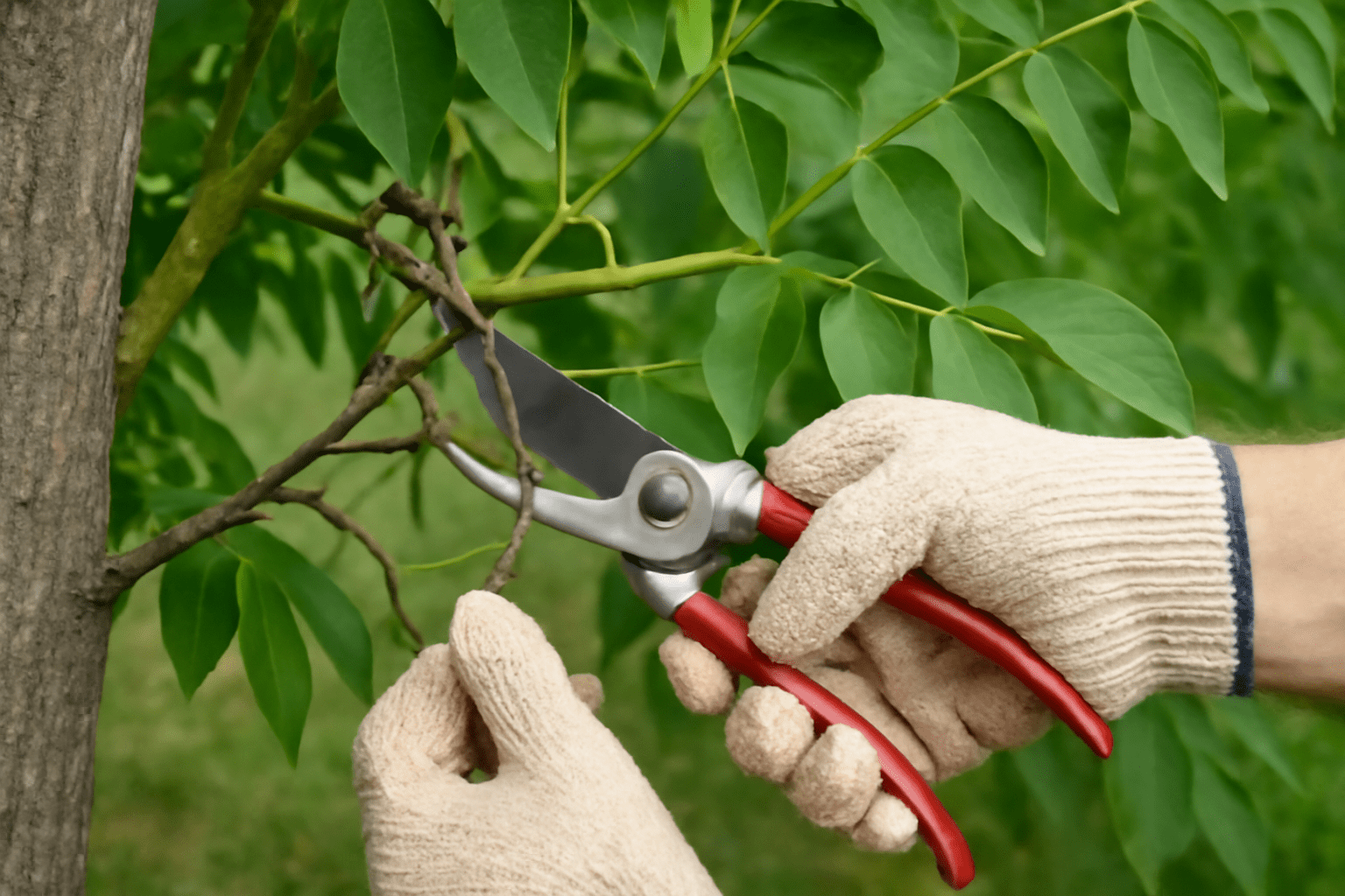 "Pruning dead branches from Ash Arizona tree using pruning shears for better health and growth."