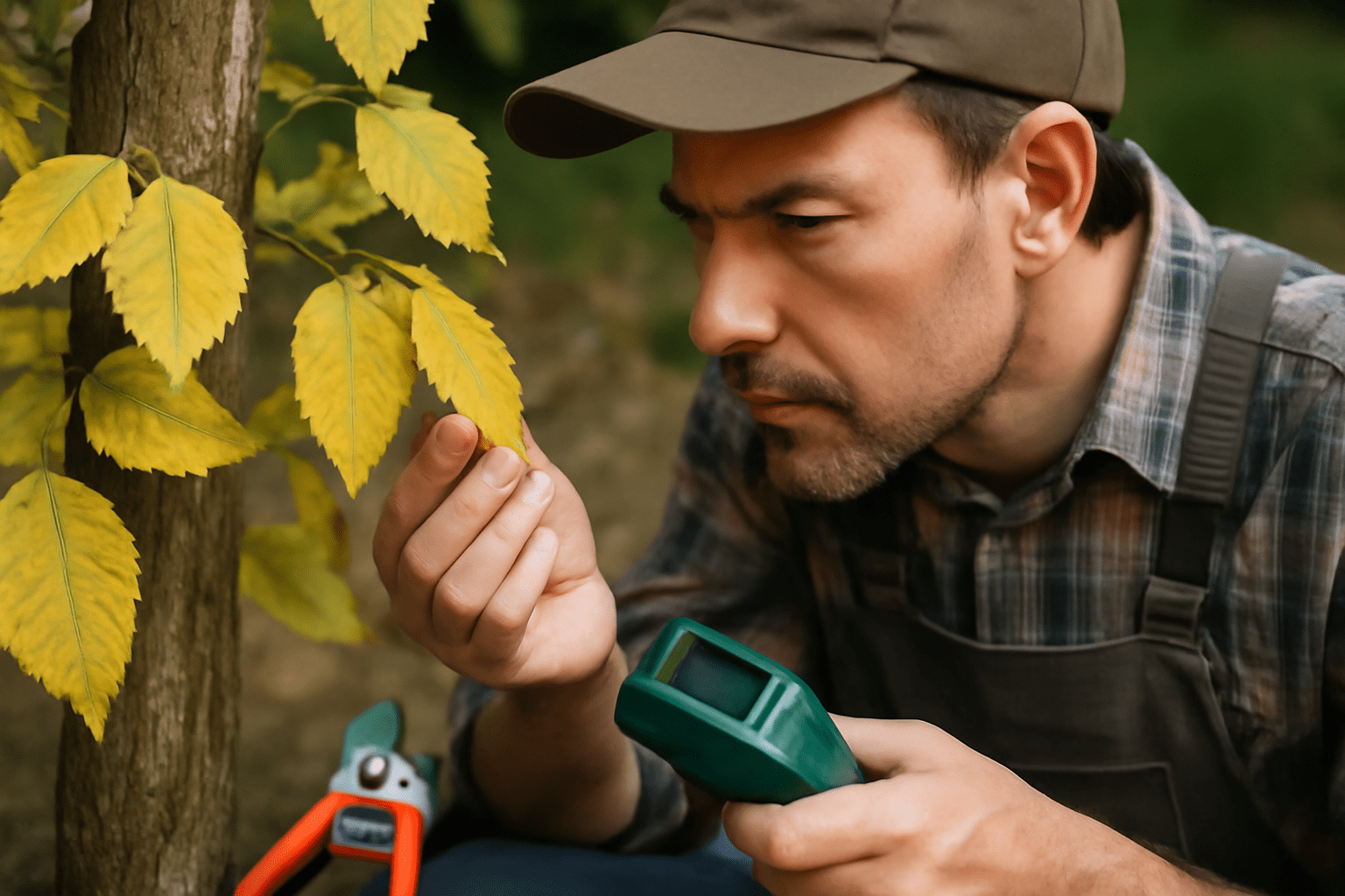 A man inspects a tree with a handheld device, assessing its features and overall health.