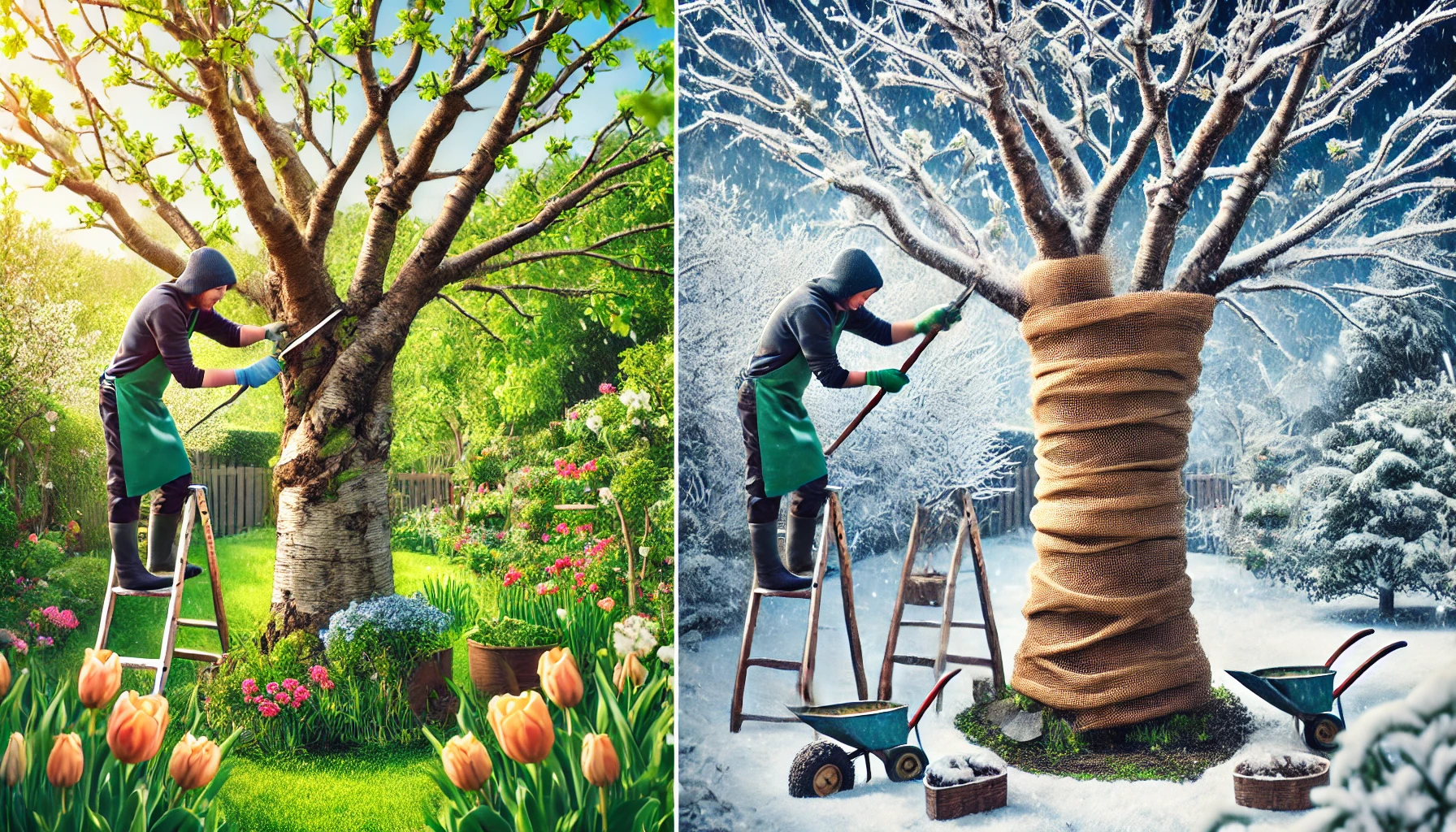 A split scene shows a gardener pruning a tree in spring and wrapping it for winter protection in a snowy landscape. Colorful flowers are visible.