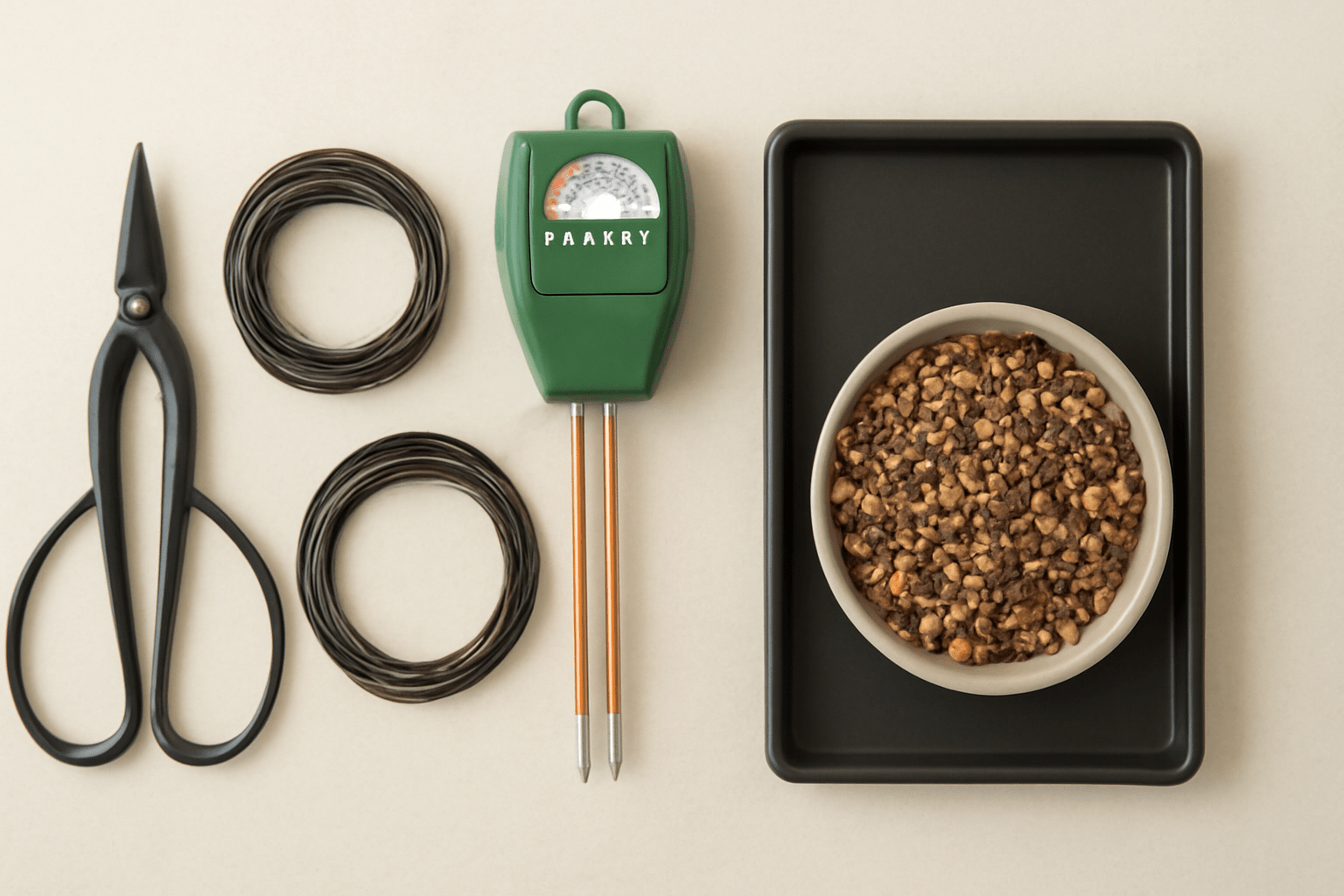 "Essential tools for growing and caring for an ash bonsai tree: pruning shears, wire, moisture meter, and humidity tray."