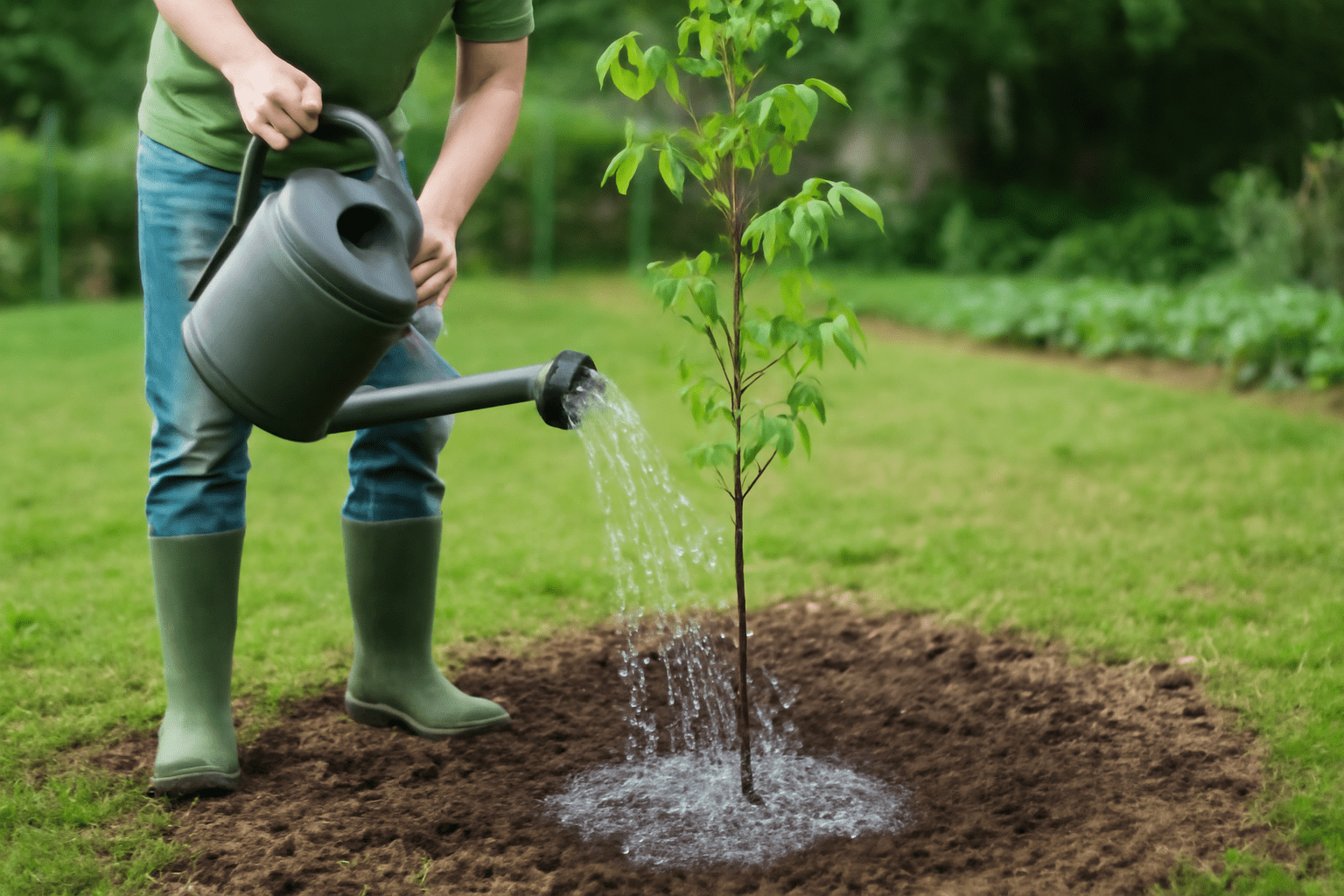 "Gardener watering ash tree sapling with a watering can to ensure deep watering."