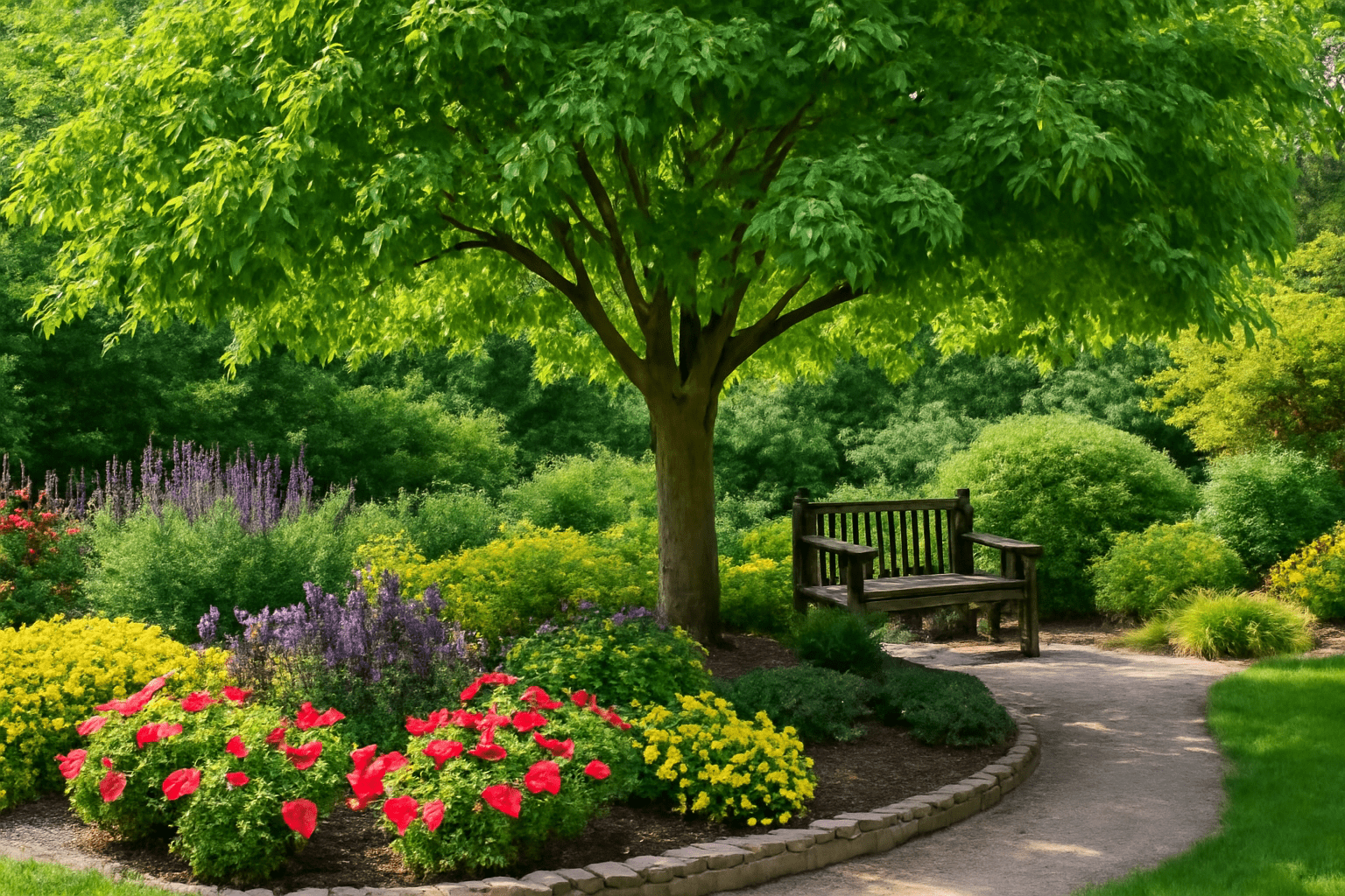 "Shamel Ash tree in a landscaped garden with vibrant flowers and a shaded seating area."