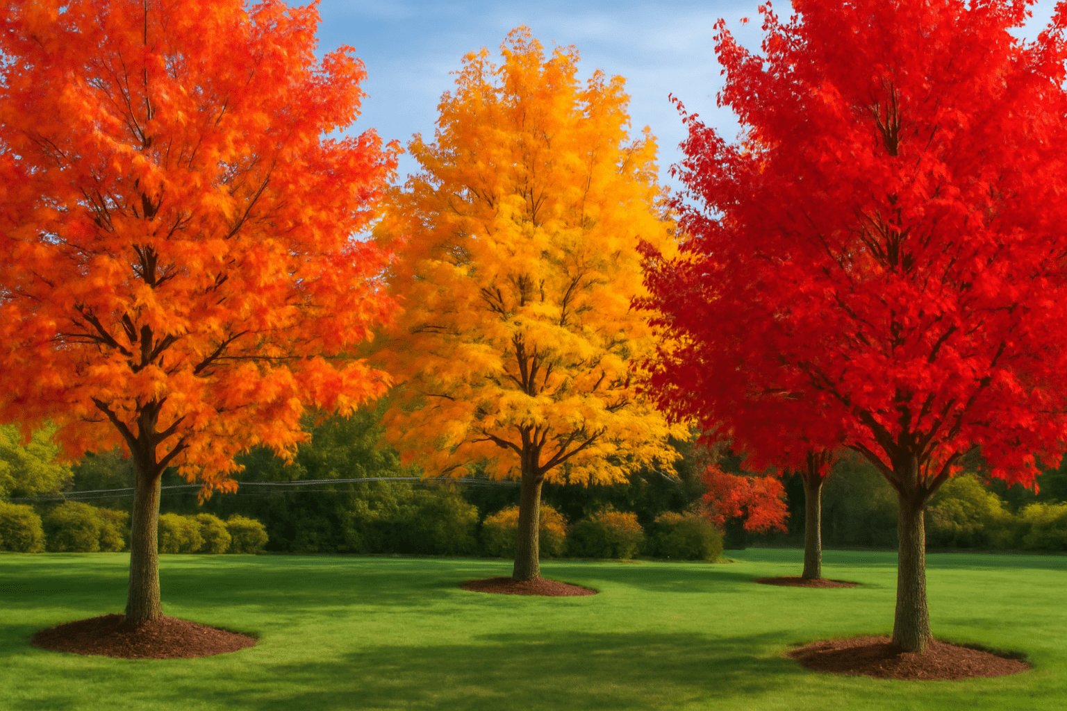 Autumn Blaze Maple and Red Maple trees with vibrant fall colors in a landscaped yard