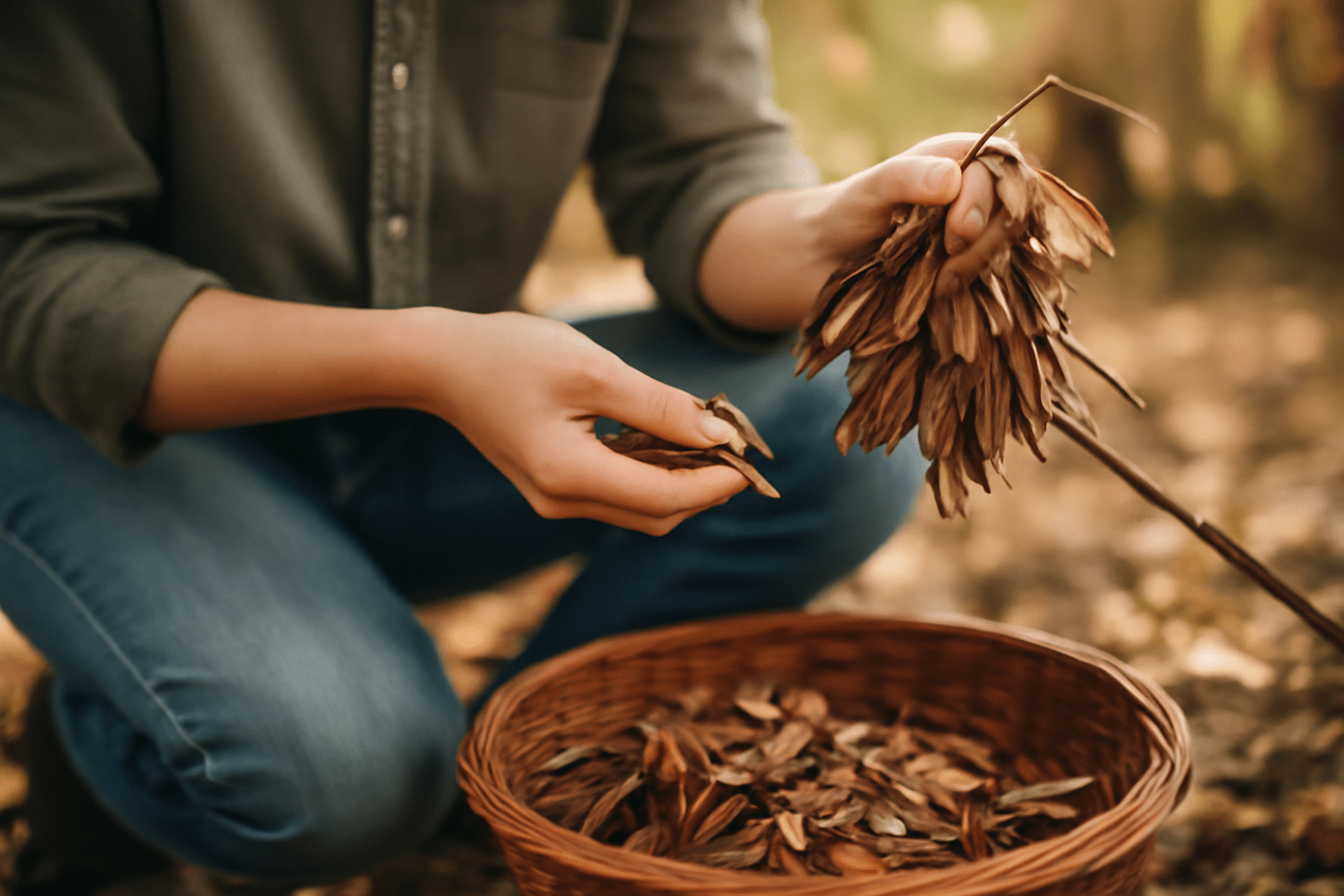 "Person collecting mature white ash tree seeds (samaras) from the ground or cutting them from branches."