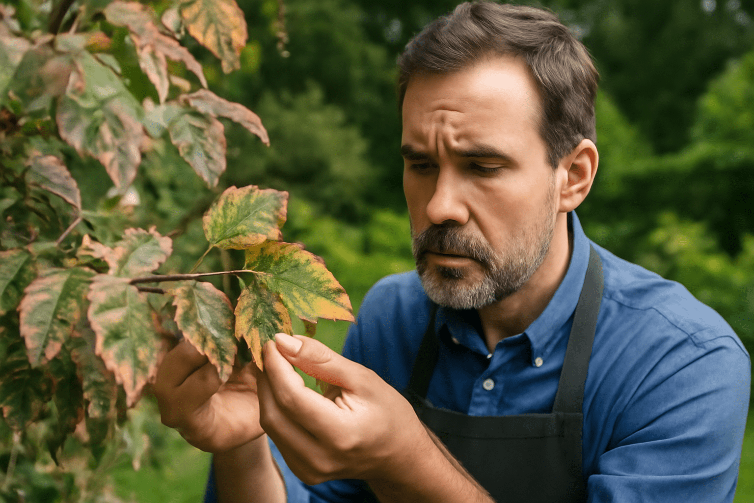 A person in a blue shirt and apron examines colorful autumn leaves on a tree, surrounded by a lush green background.