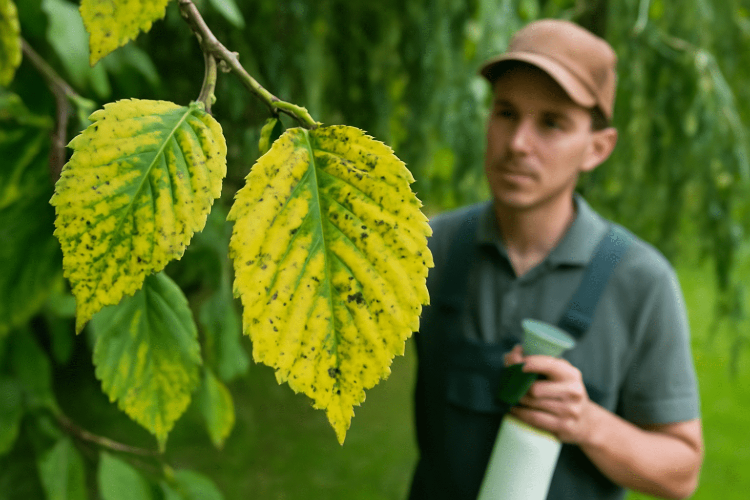 Close-up of yellow and green leaves spotted with black, indicating disease. A person in the background holds a spray bottle, appearing concerned.