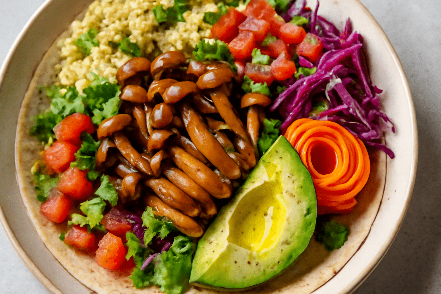 Vibrant bowl with grilled mushrooms, avocado, tomato, purple cabbage, carrot spiral, and grains. Fresh, colorful, and healthy meal.