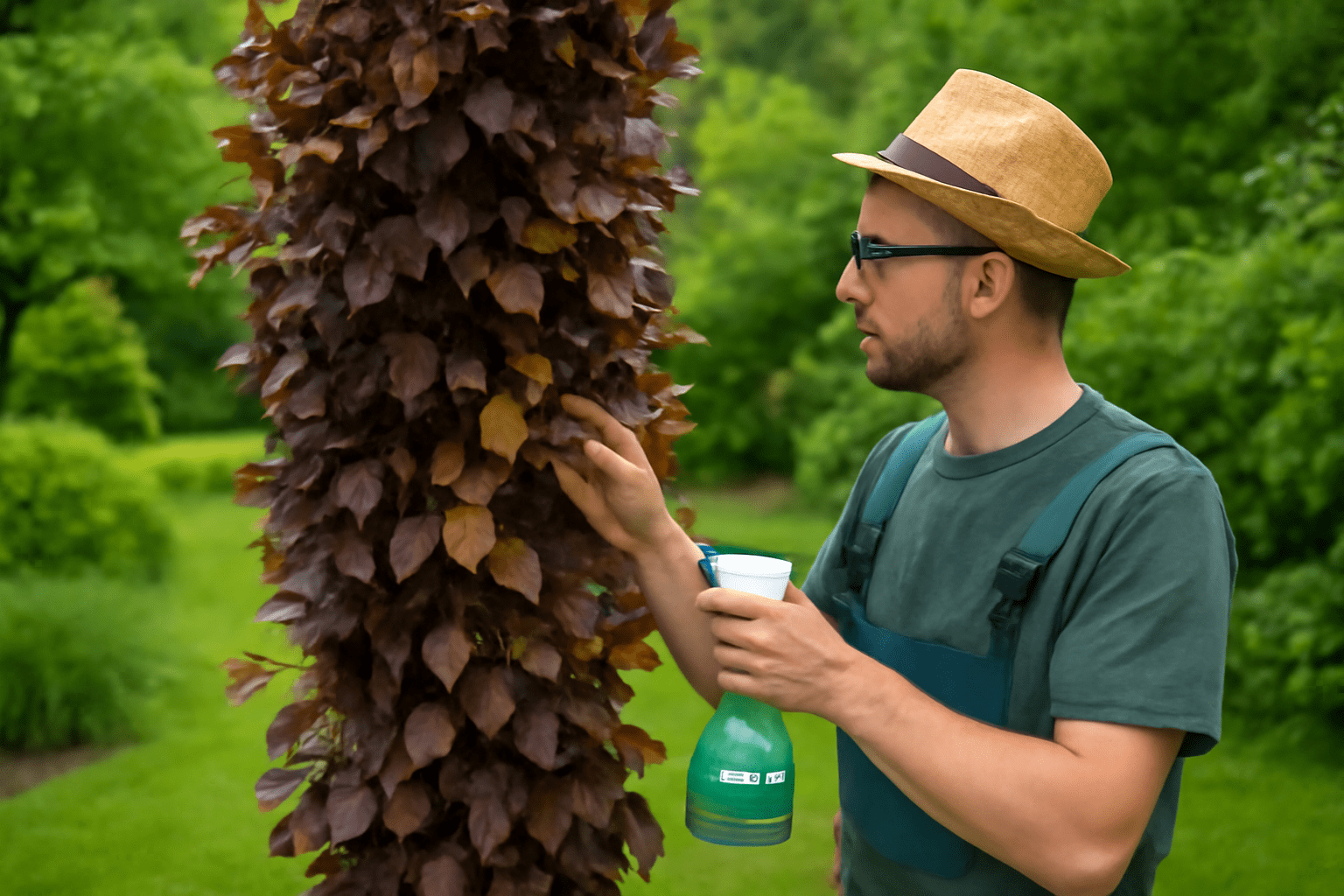 Man in straw hat and green overalls inspects burgundy-leaved tree with spray bottle in hand, set against lush green garden background.