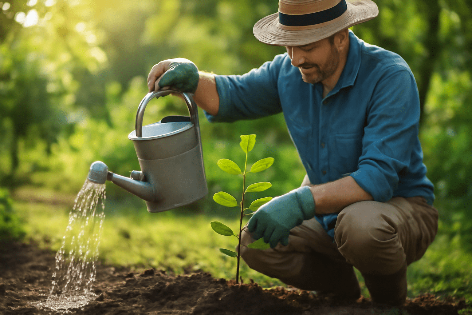 A man in a blue shirt and straw hat waters a small plant in a garden. He kneels on the soil, surrounded by lush greenery, conveying nurturing care.