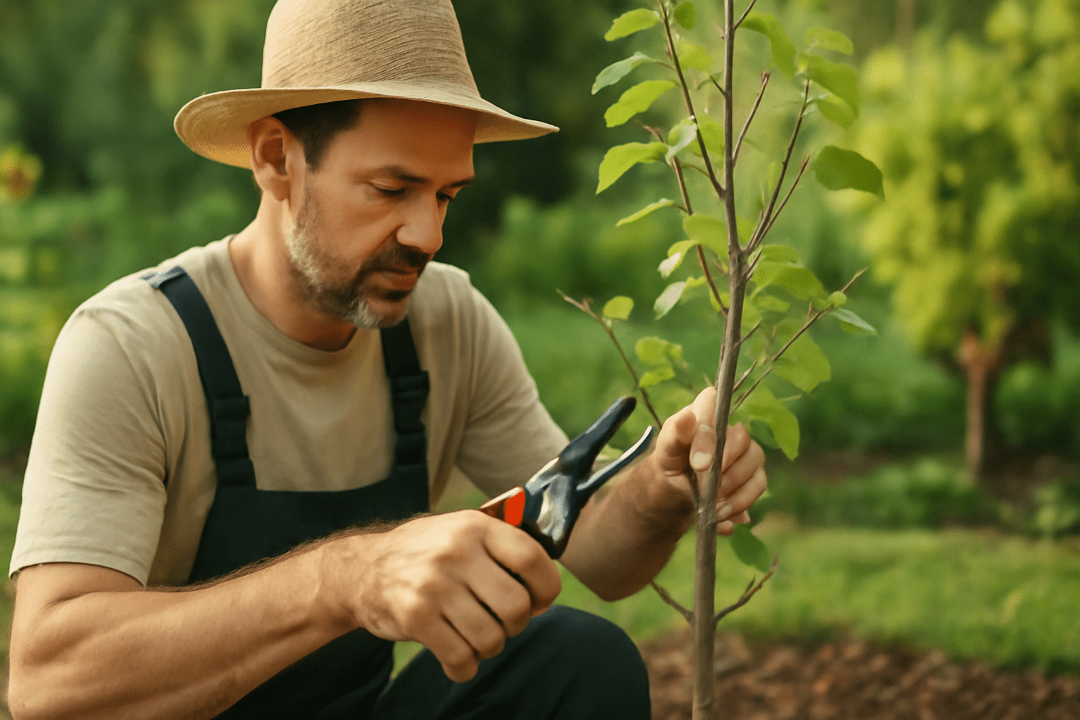 A man wearing overalls and a hat is carefully trimming a tree with pruning shears.