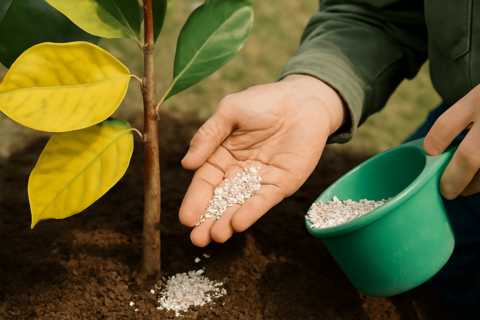 "Yellowing leaves on a Teddy Bear Magnolia Tree being treated with fertilizer for nutrient deficiencies."