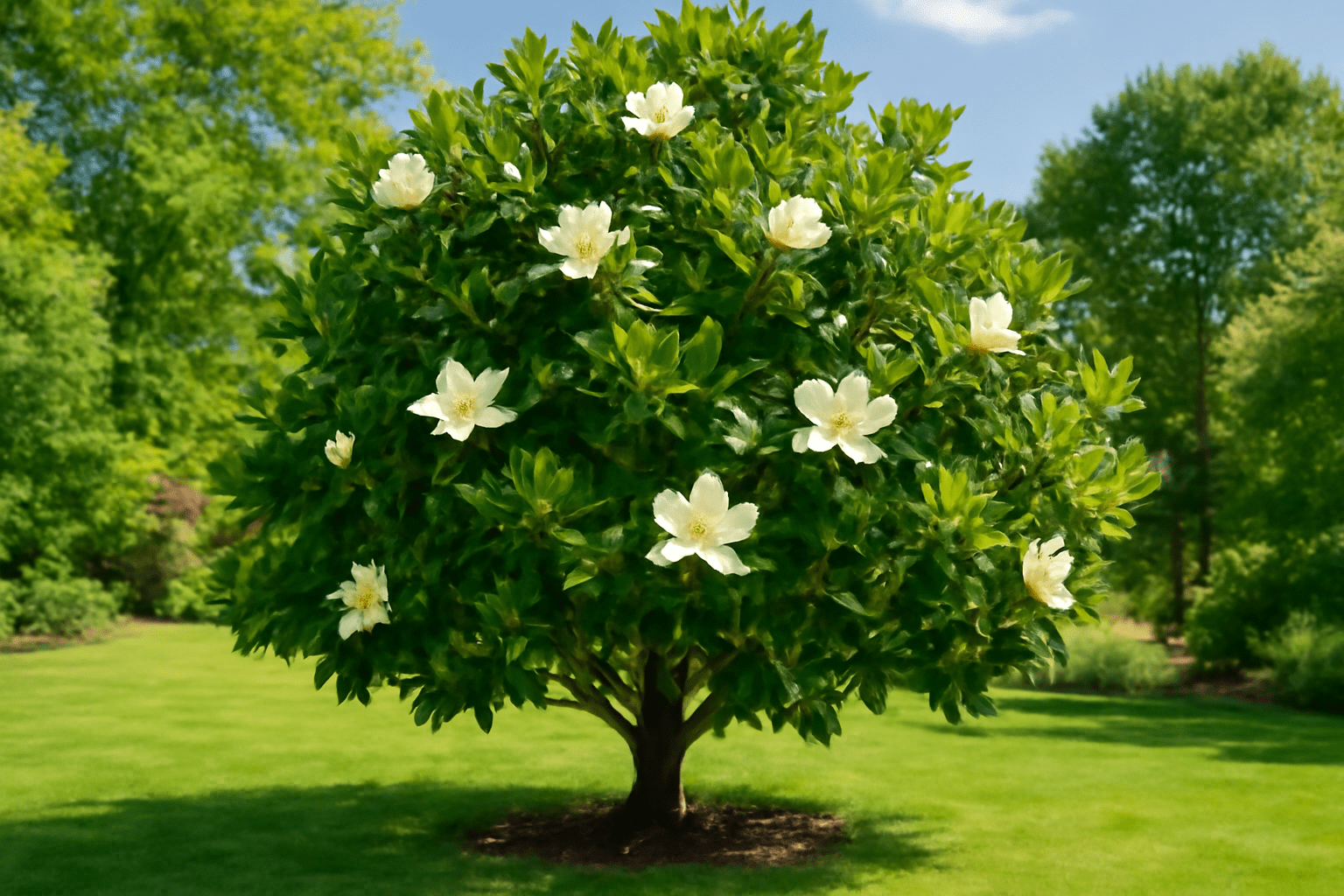 "Fully mature magnolia tree blooming with large flowers in a sunny garden"