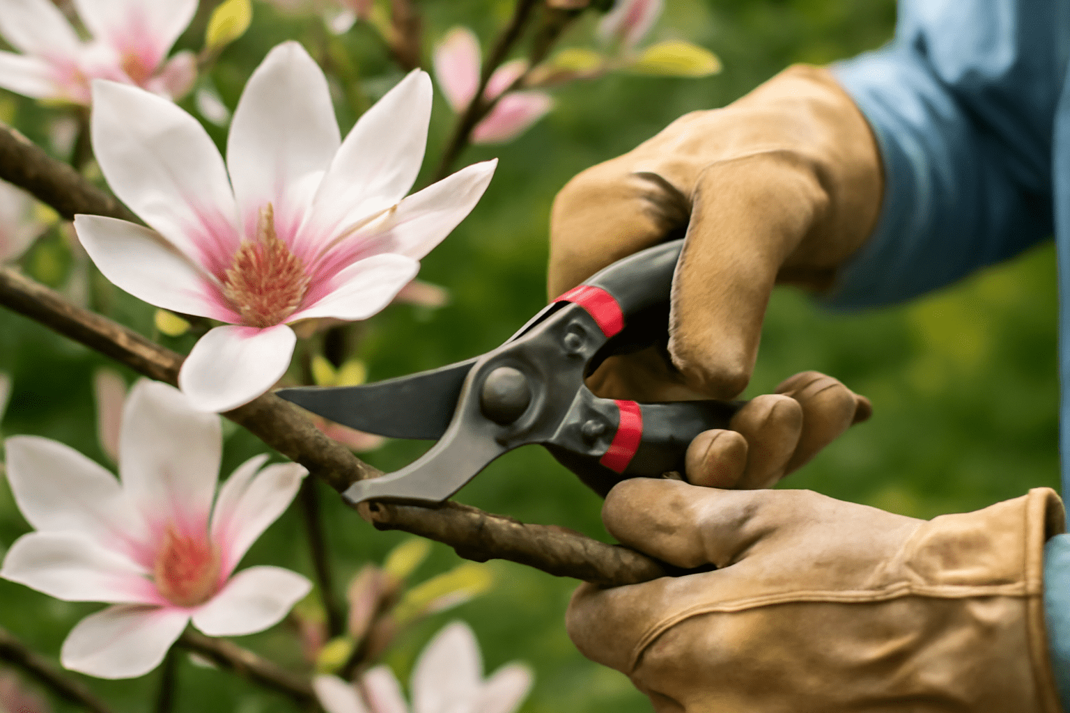 "Pruning butterfly magnolia tree with sharp shears to remove dead branches."