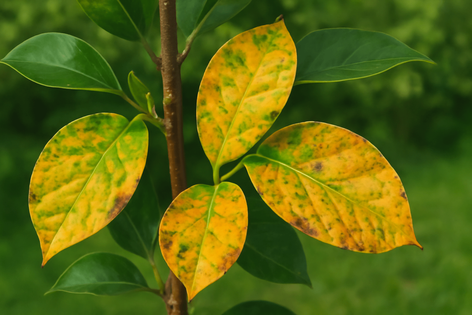 "Close-up of yellowing leaves on a black tulip magnolia tree showing signs of stress or pests."
