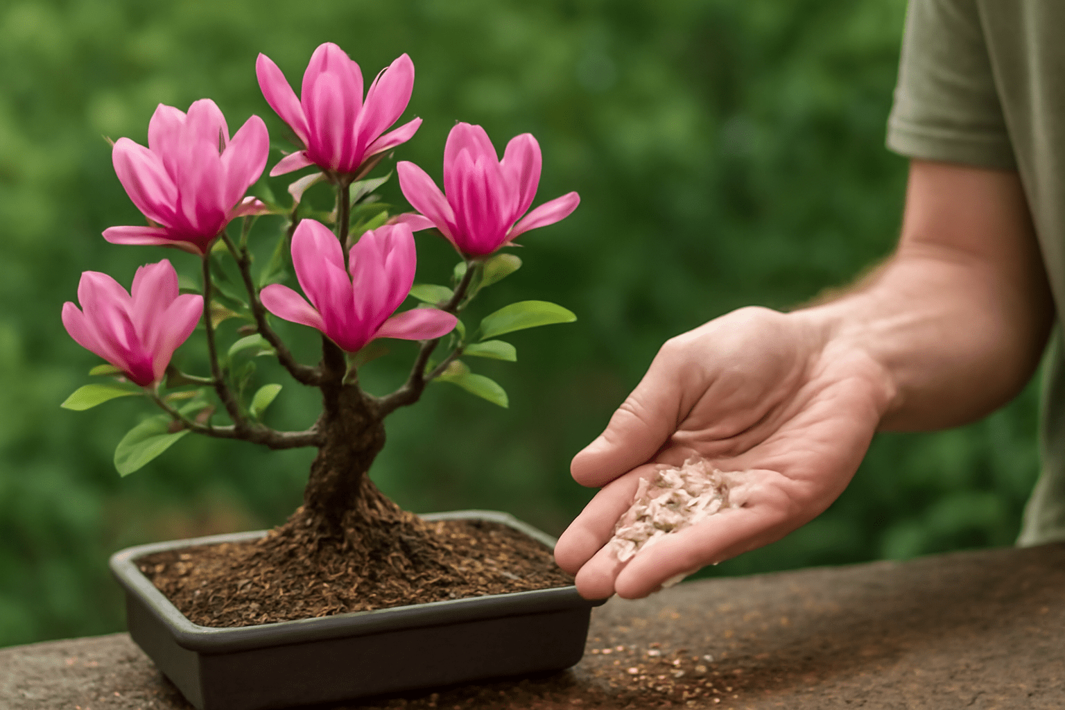 "Magnolia Bonsai Tree in well-draining soil with fertilizer application for healthy growth."