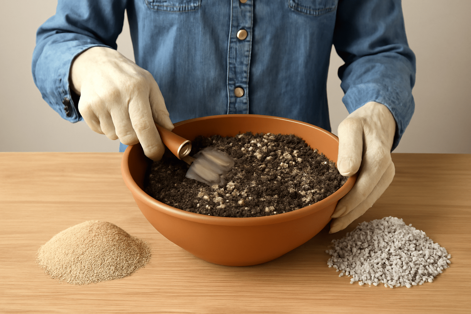"Gardener preparing a well-draining soil mix with sand and perlite for planting magnolia seeds"