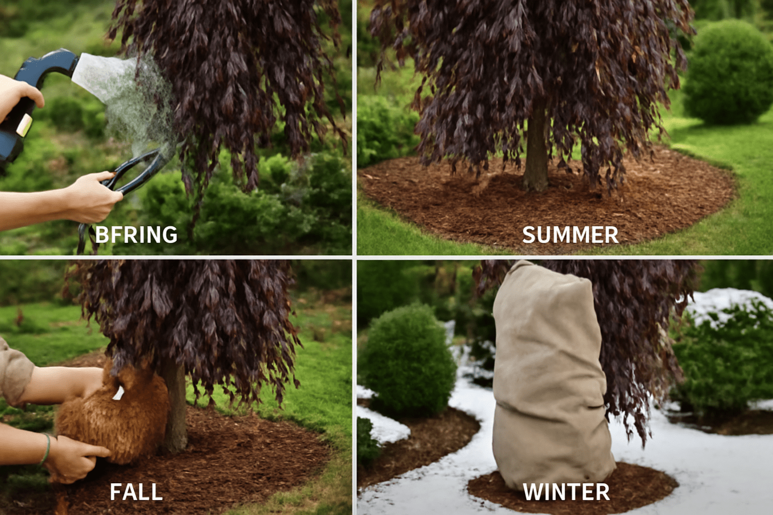 Four-panel image showing tree care in different seasons. Spring: tree is sprayed with water. Summer: tree stands in mulched area. Fall: burlap applied. Winter: tree wrapped in protective cover.