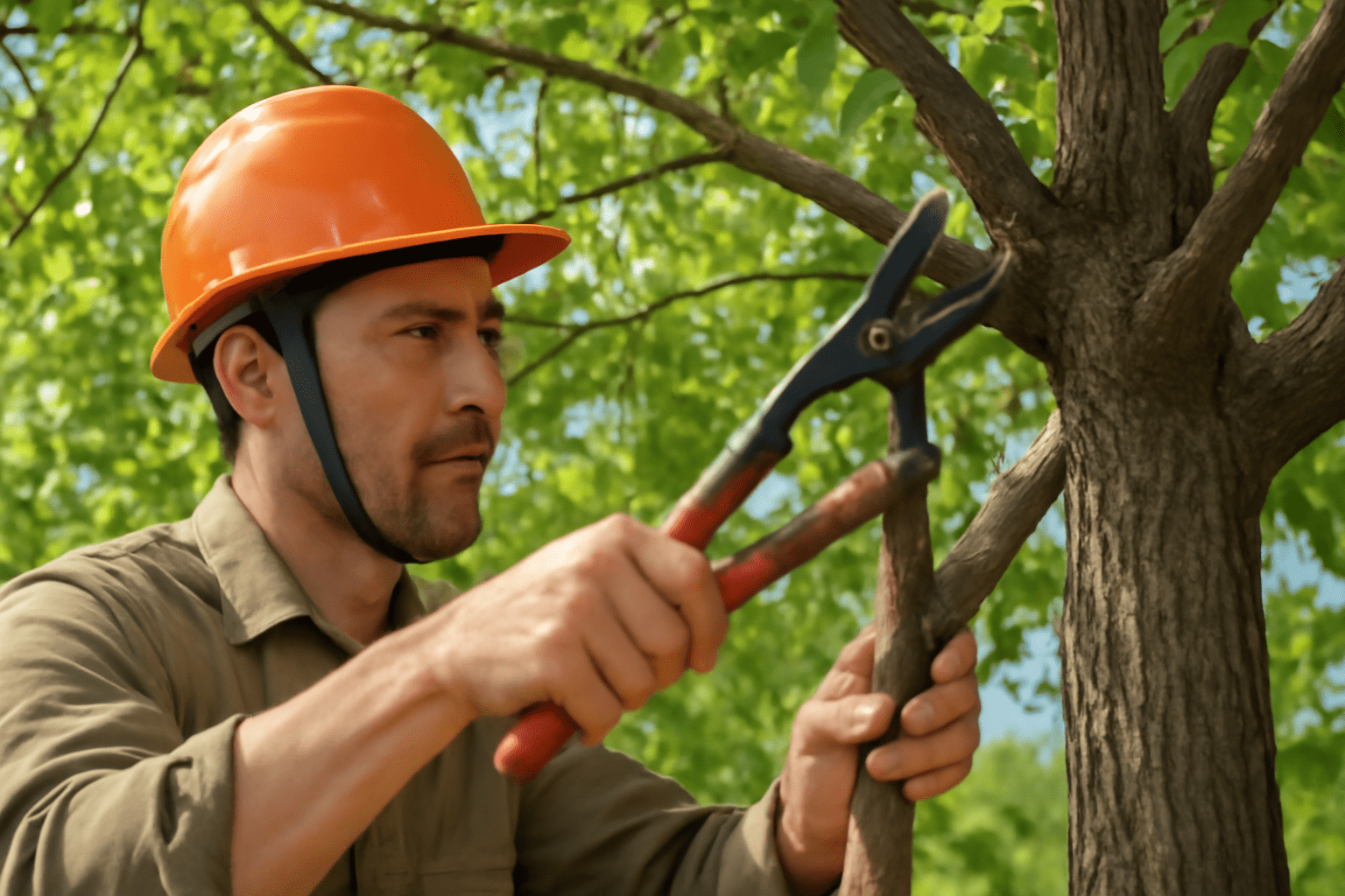  A man wearing a hard hat trims a tree with pruning shears, focused on his task in a green outdoor setting.