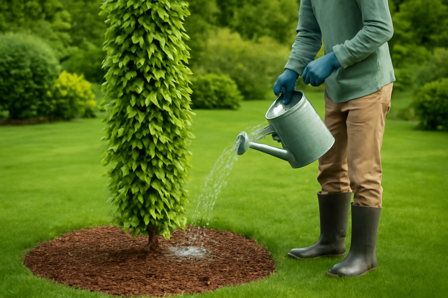A person wearing gloves and boots waters a small, leafy tree with a metal watering can in a lush, green garden. The scene is calm and vibrant.