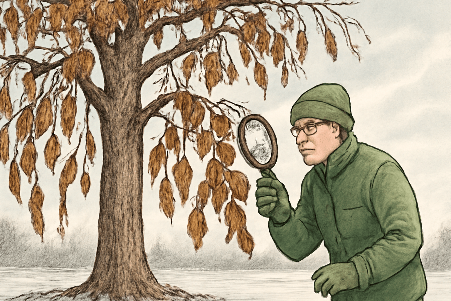 A person in winter clothes examines a large tree with brown leaves using a magnifying glass. The scene conveys curiosity and attentiveness.