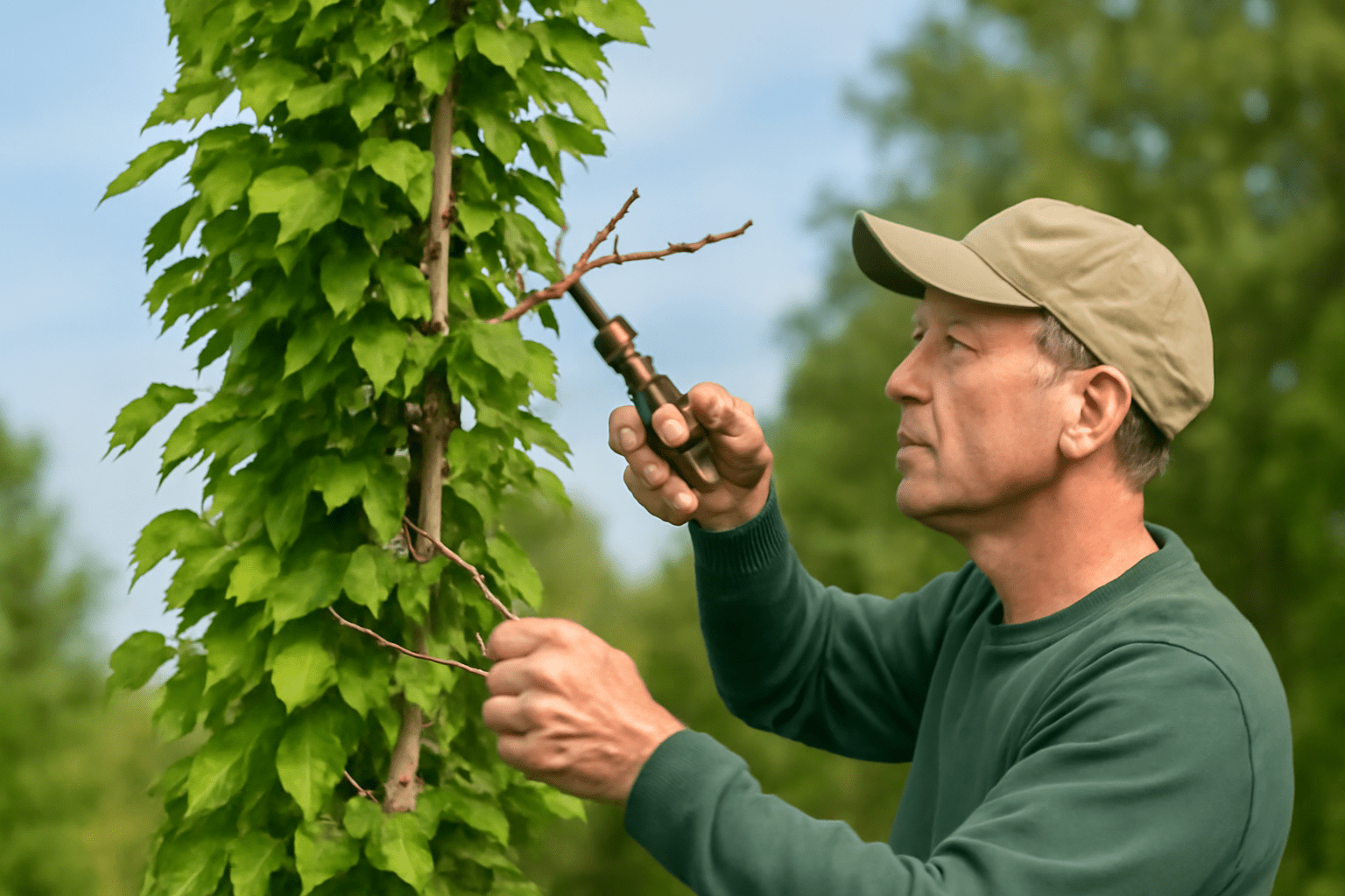 A man in a green cap and shirt attentively examines a branch with a tool, surrounded by vibrant leaves against a backdrop of a clear blue sky.