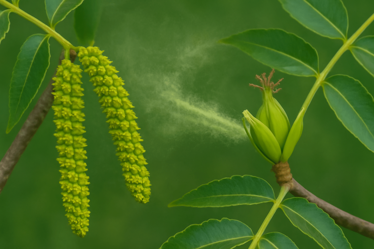 "Wind-pollination of pecan tree flowers, with pollen from male catkins being carried toward female flowers."