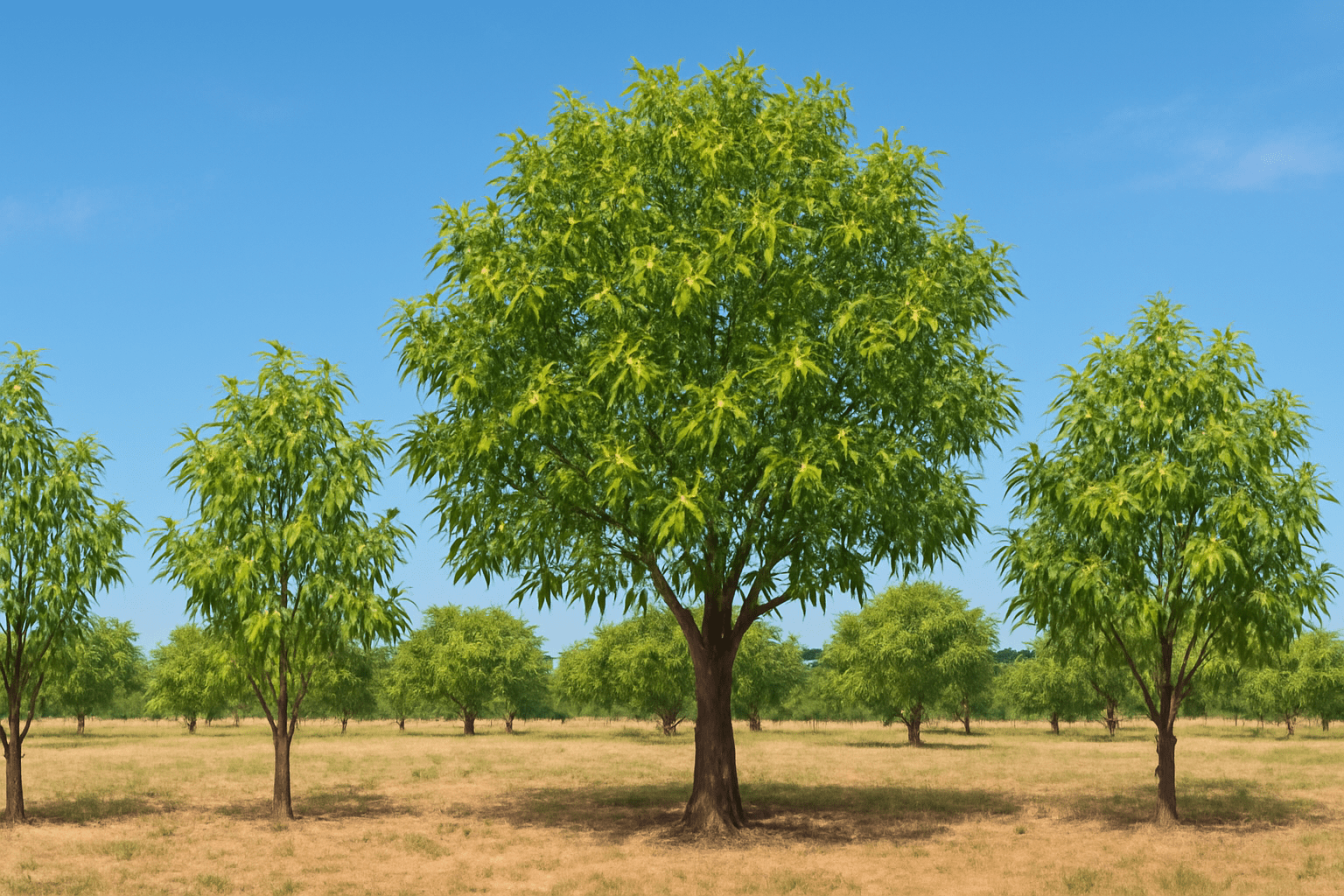 "Various pecan tree varieties like Desirable and Pawnee showing yield potential."