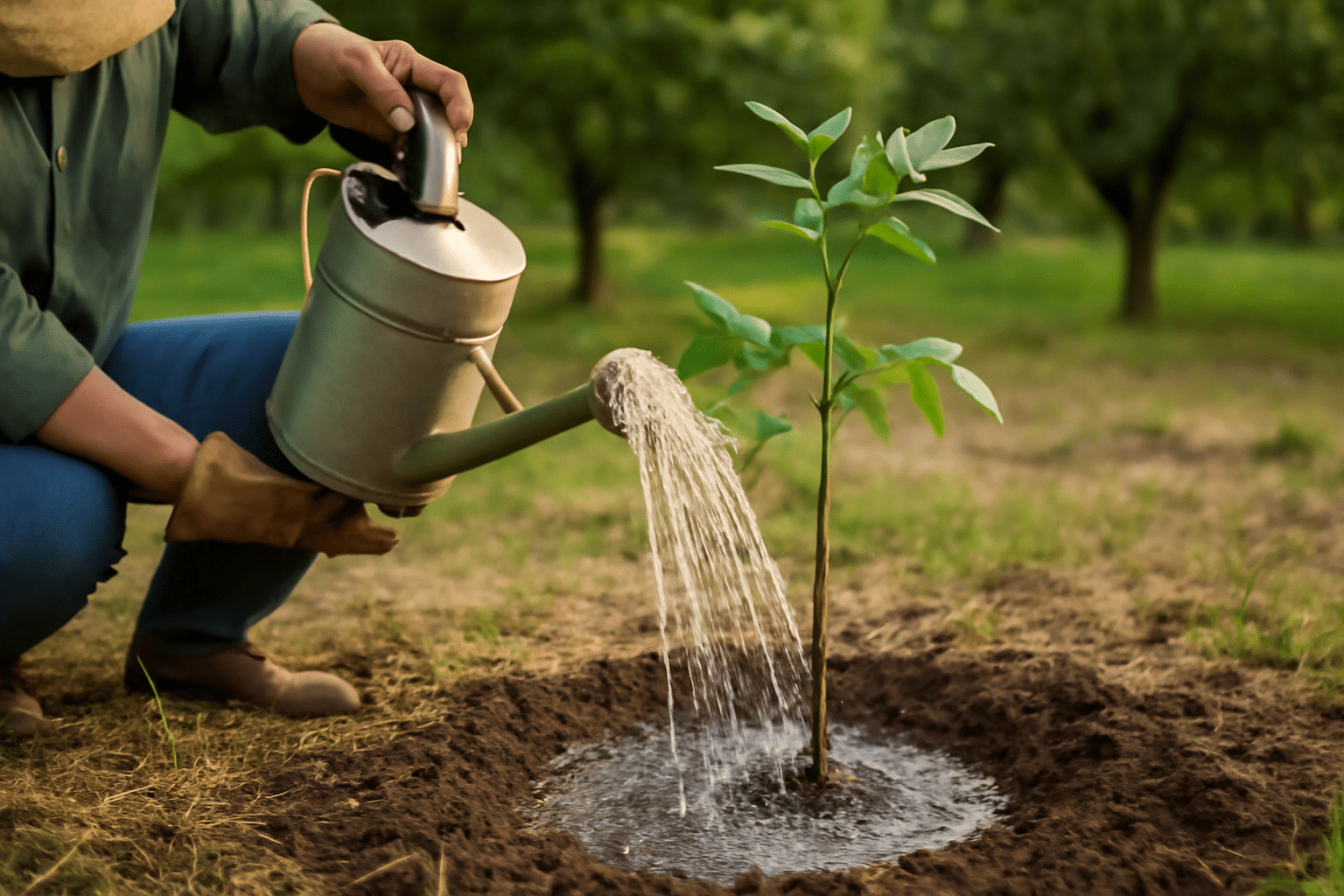 "Gardener watering young Northern Pecan tree with deep watering technique."