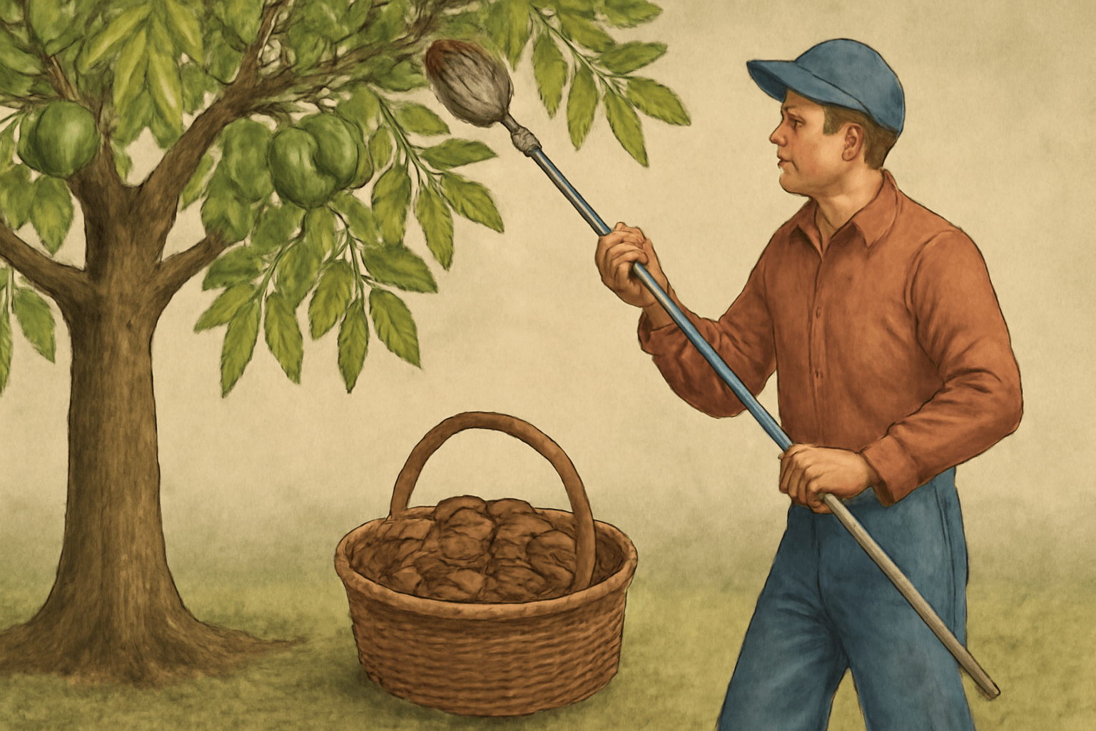 "Person harvesting candy pecans from a tree, using a picker and collecting the nuts in a basket."