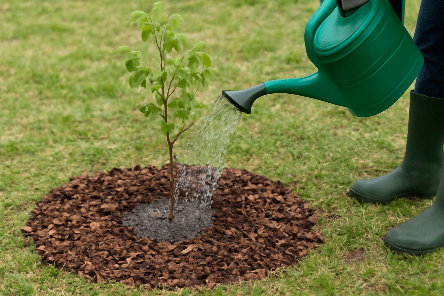 "Gardener watering a young bare root pecan tree with mulch applied around the base to conserve moisture."