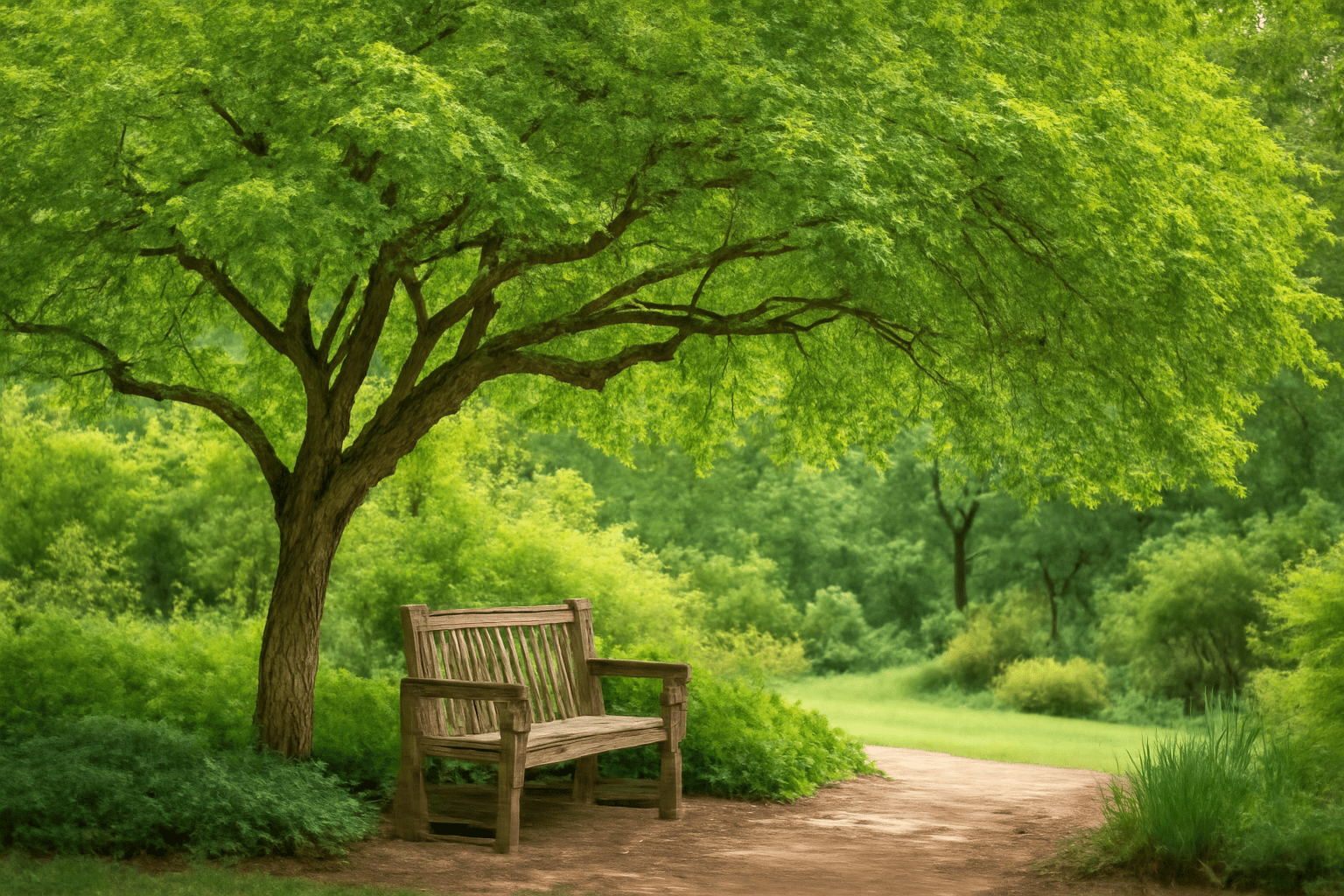 A park bench is positioned under a large tree, providing shade and a peaceful spot for visitors to rest.