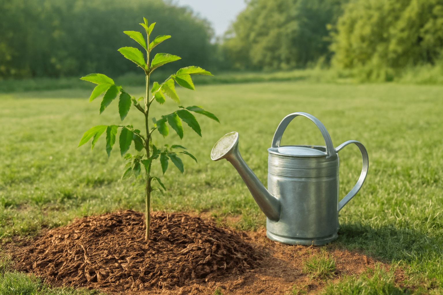 "Young pecan seedling with mulch and a watering can in a sunny garden, demonstrating proper care techniques for growing a pecan tree from seed."