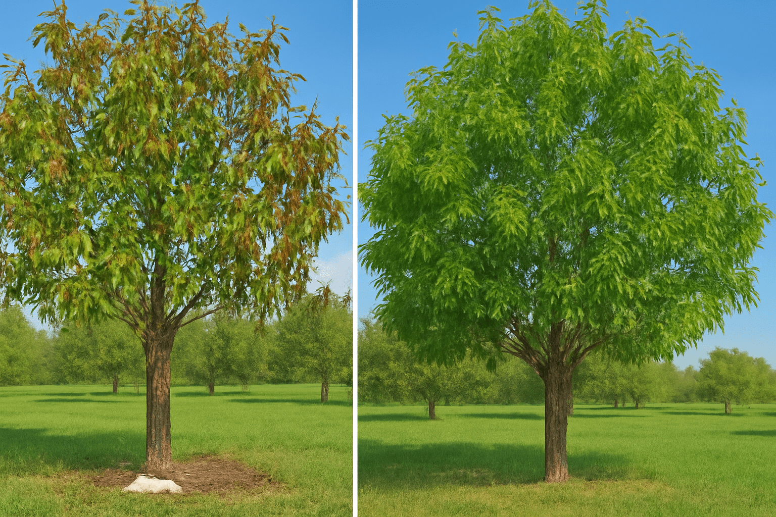 "Pecan tree with over-fertilized brown leaves versus a healthy tree, showing mistakes to avoid when fertilizing pecan trees."