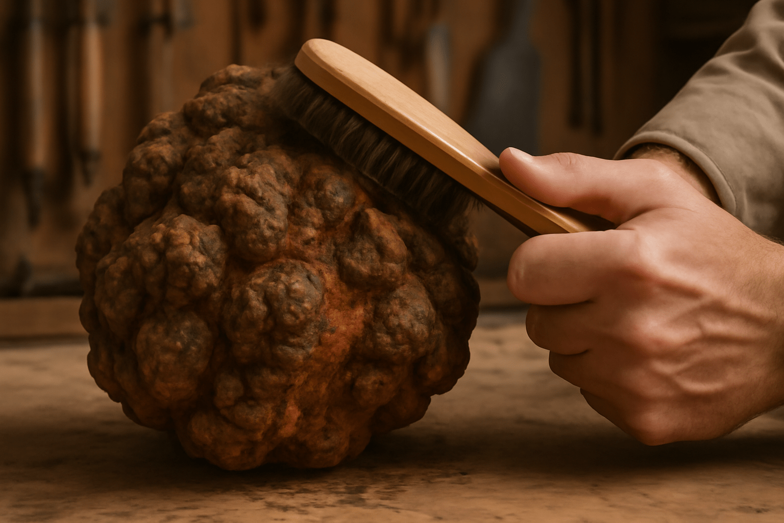 "Close-up of a hand cleaning walnut tree burl with a wire brush, removing bark and dirt in a workshop setting."
