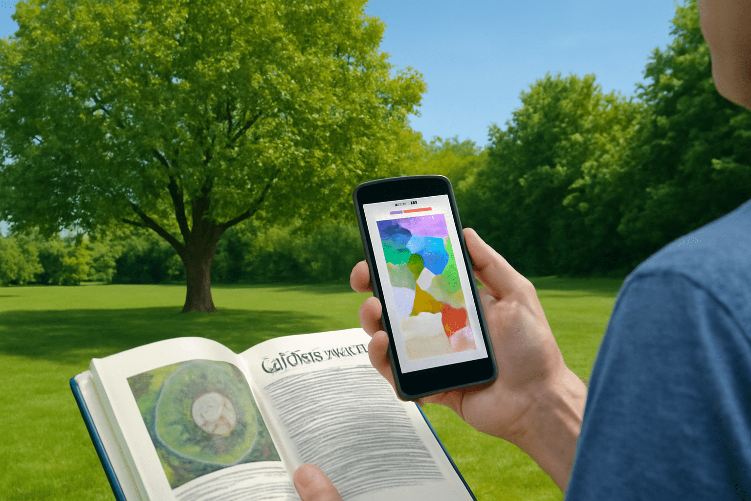 "Person reading a gardening book and checking climate zone maps for planting a walnut tree."