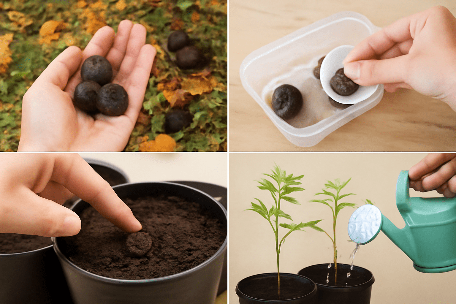 "Collage of steps to grow black walnut tree seedlings: collecting, preparing, planting, and early care."