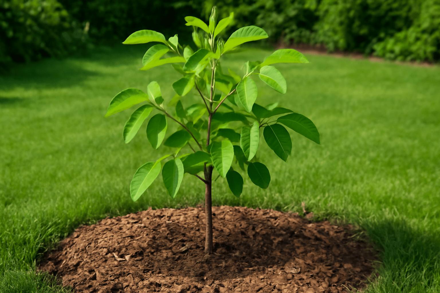 "Young walnut tree with bright green leaves, mulched and watered in the first year of growth."