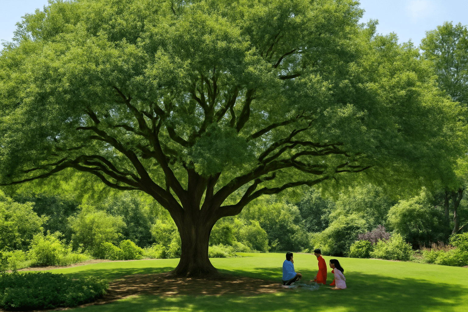 A large tree in a park with two people sitting underneath, enjoying the shade and tranquility of the surroundings.