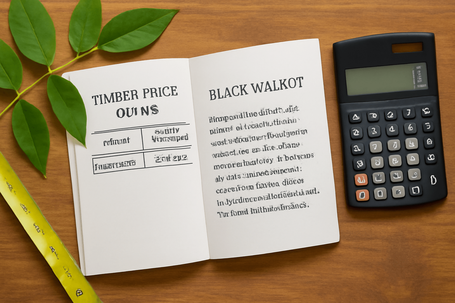 “Timber price guide open with a calculator and measuring tape for black walnut tree valuation.”