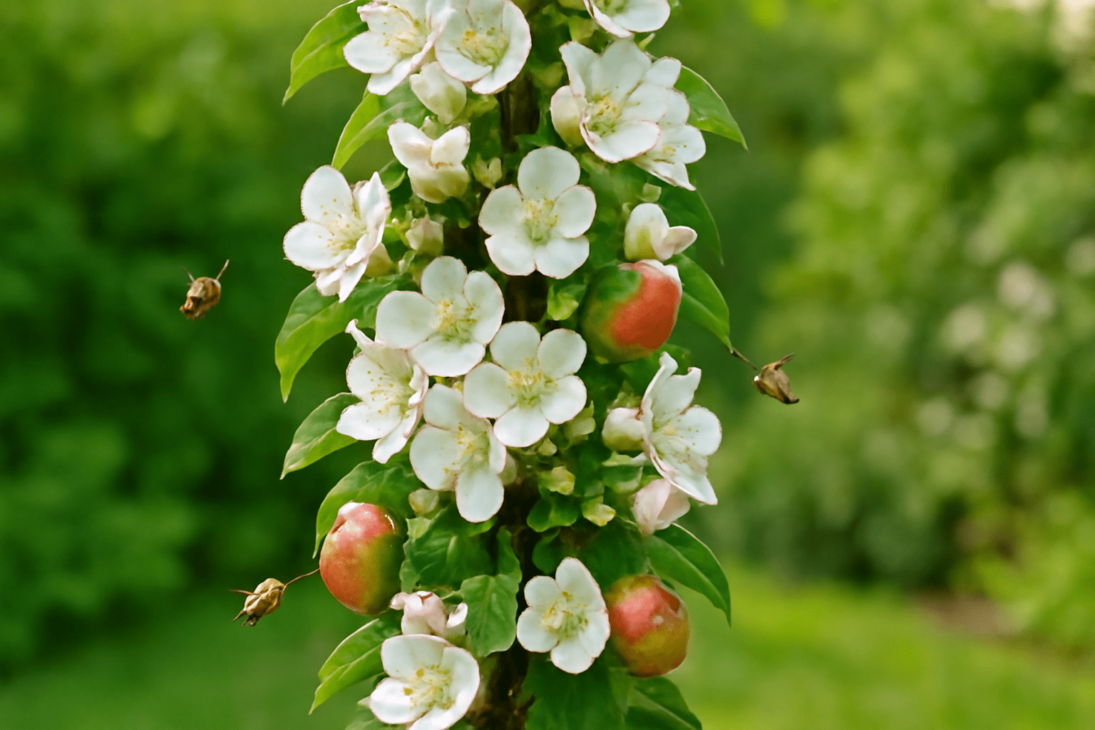 "Columnar apple tree in bloom with bees pollinating flowers, indicating healthy fruit production."