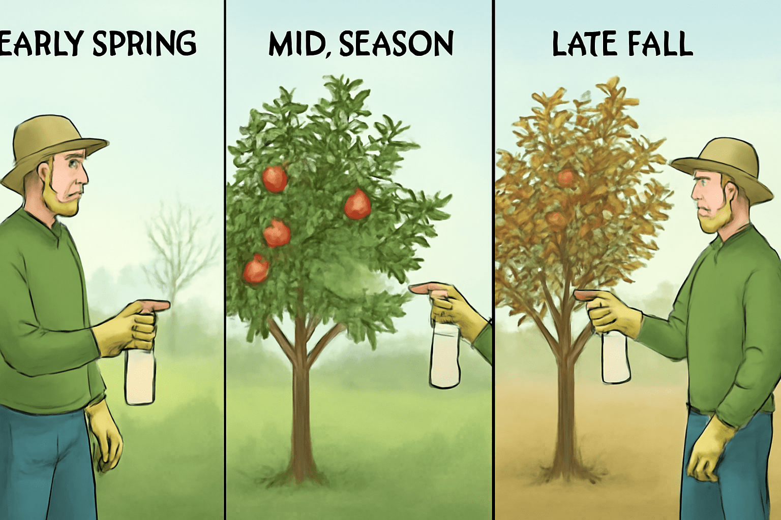"A gardener applying apple tree spray at different times of the year, illustrating the best periods for pest and disease control."