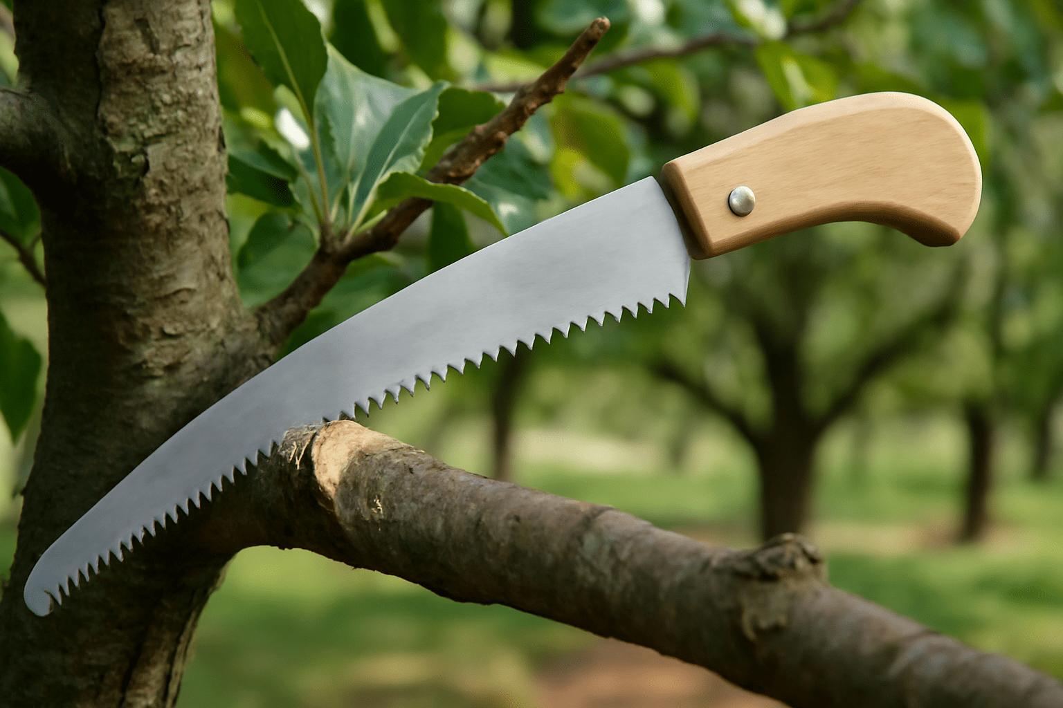 "Pruning saw cutting through a thick apple tree branch for effective trimming."