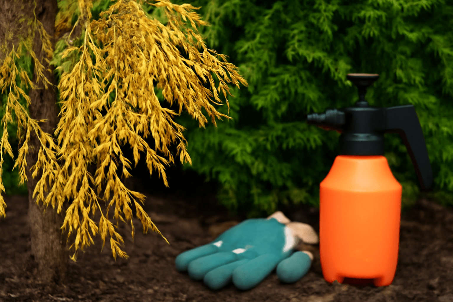 Yellowing branches of a conifer tree are in the foreground. On the ground, a pair of green gardening gloves and an orange spray bottle rest nearby.