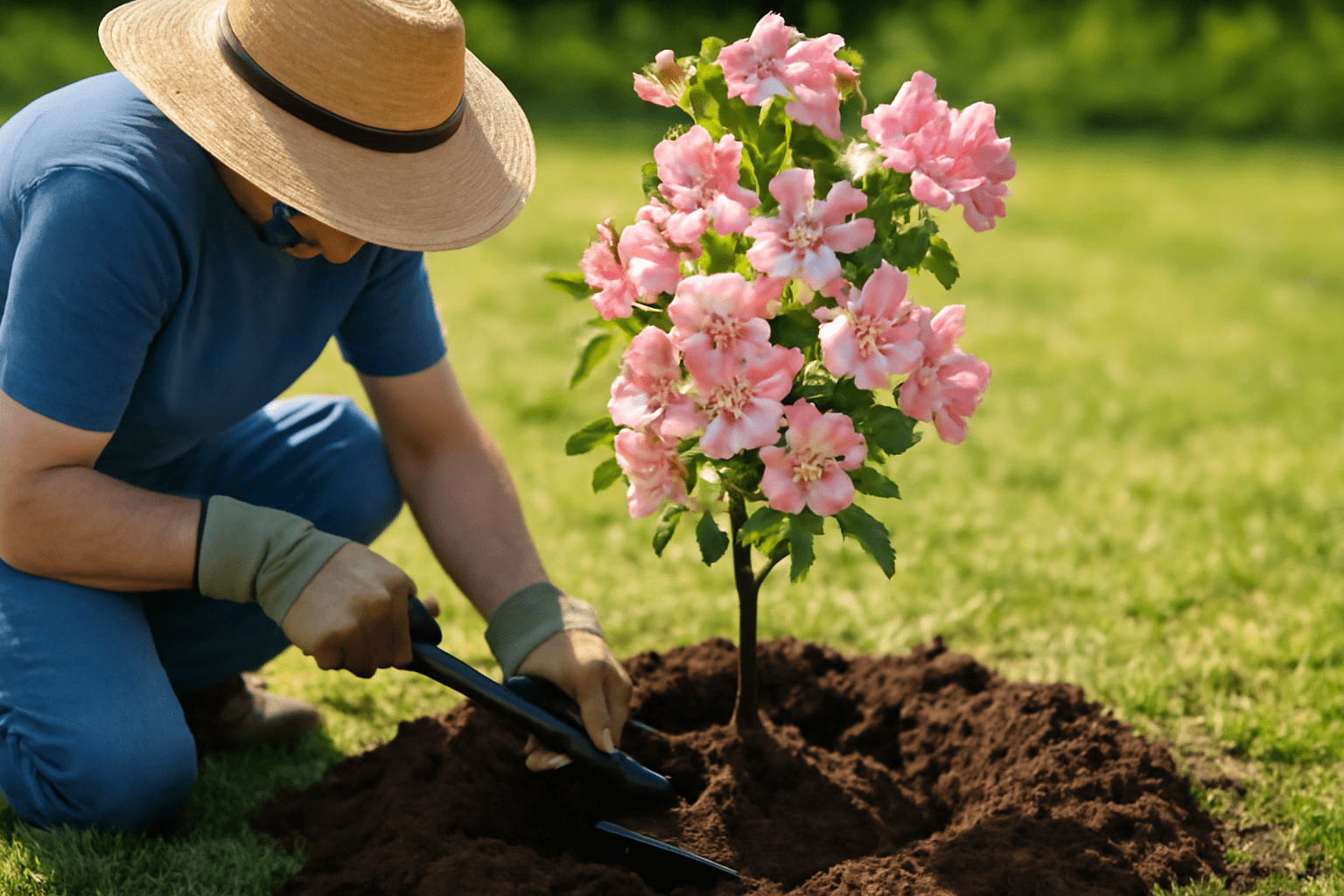 "Gardener planting a flowering apple tree in a sunny, well-drained location."