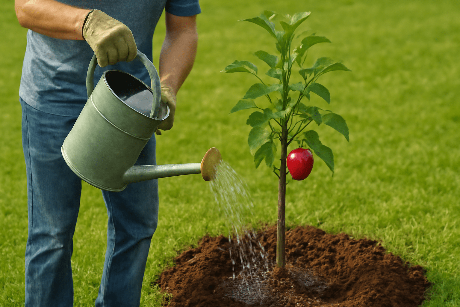 "Gardener watering a McIntosh apple tree with a watering can."