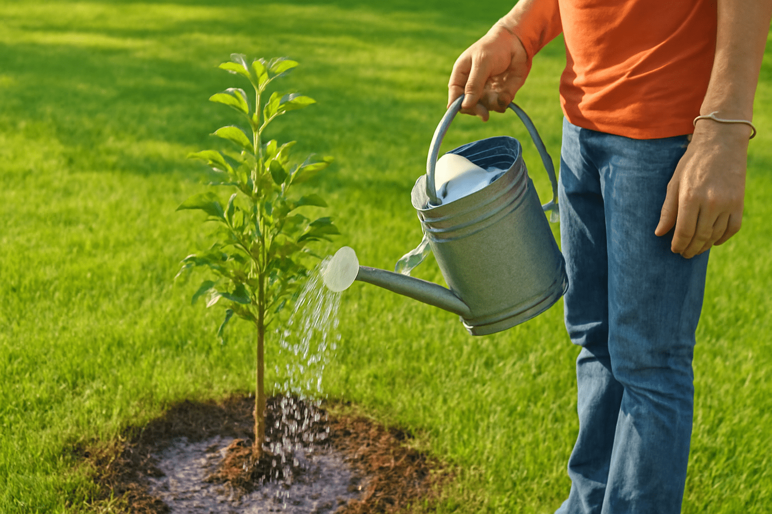 "Watering a young paradise apple tree with a watering can for healthy root growth."