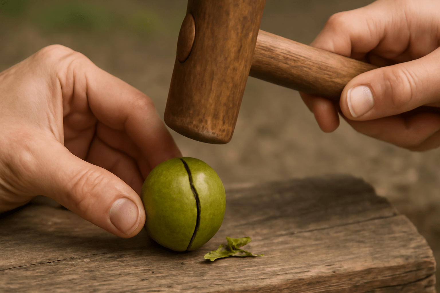 “De-husking a hickory nut with hands, showing the nut inside.”
